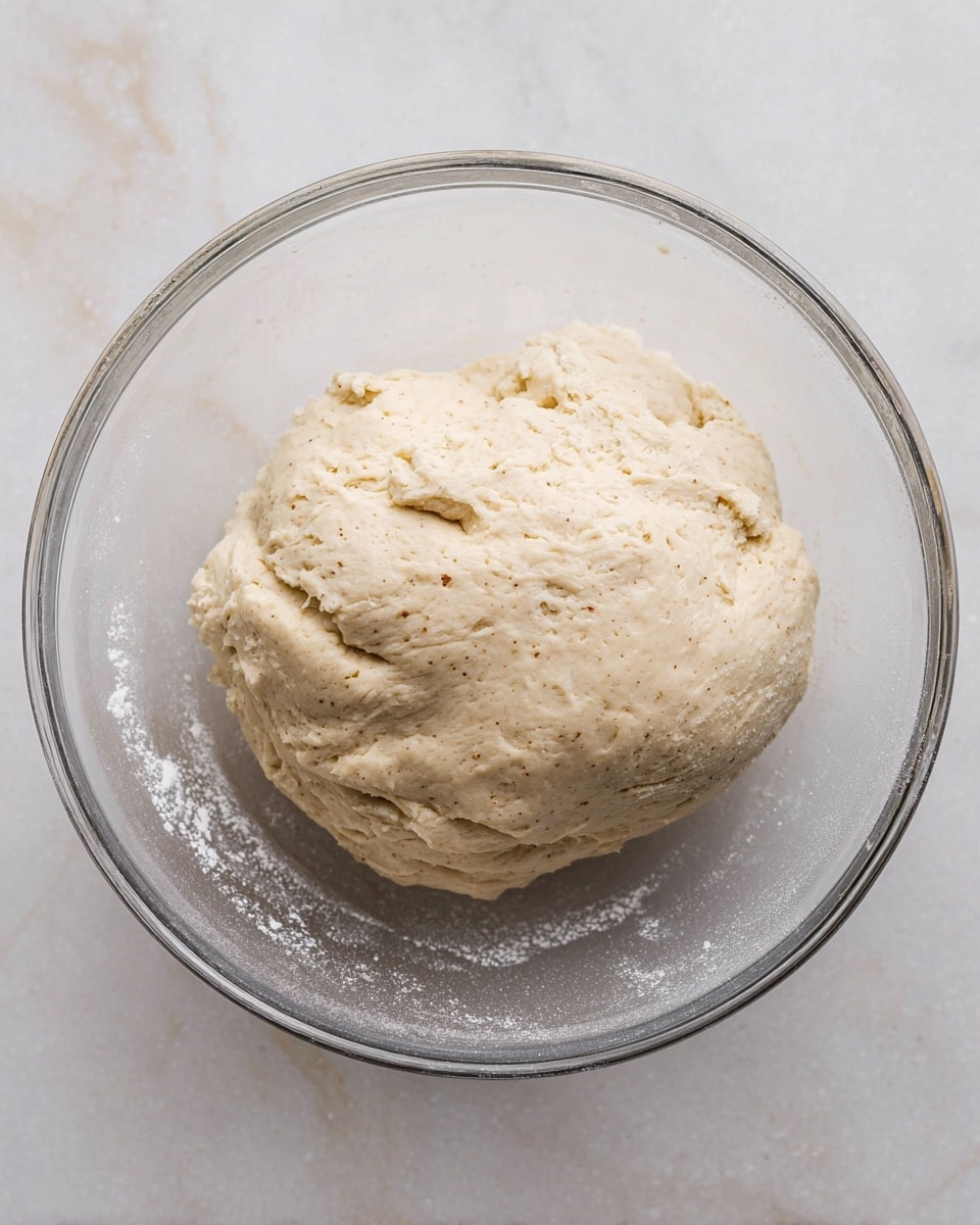 A single ball of pale beige dough with a slightly rough texture and small brown specks sits in the center of a clear glass bowl. The dough looks soft and slightly cracked on the surface, showing light, uneven creases. The bowl rests on a white marbled surface, with some flour faintly dusted inside the bowl and around the dough edges. Photo taken with an iphone --ar 4:5 --v 7