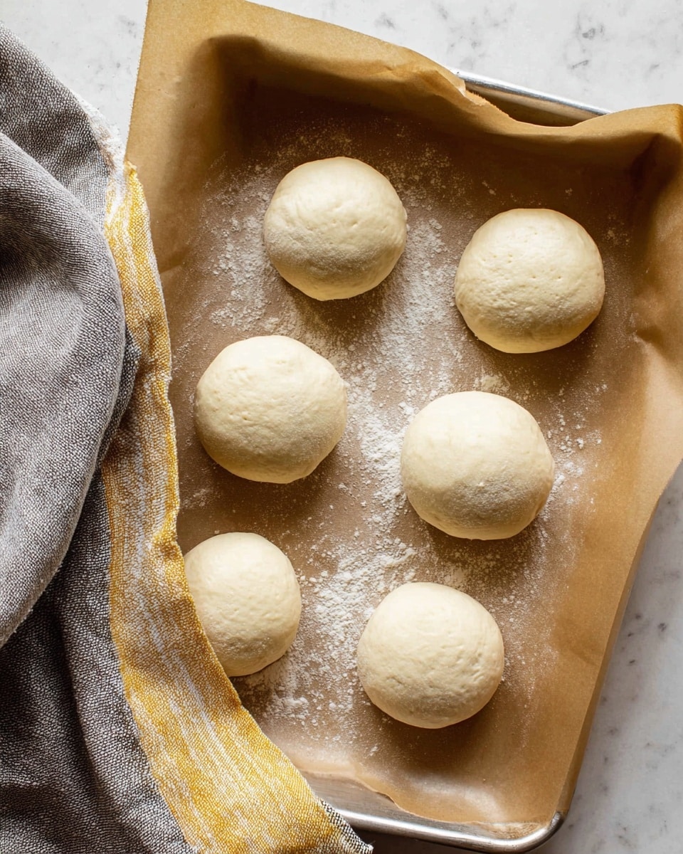 Six smooth, round dough balls in pale cream color sit spaced evenly on a sheet of brown parchment paper, which rests inside a metal baking tray lightly dusted with white flour. In the bottom left corner, a gray and mustard yellow striped cloth partially covers two dough balls. The background shows a clean white marbled surface. The lighting is soft and natural, highlighting the slightly bumpy texture of the dough. Photo taken with an iphone --ar 4:5 --v 7