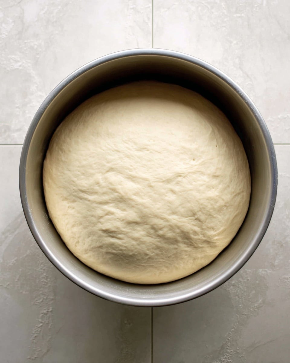 A large, smooth ball of pale beige dough fills a round silver metal bowl, resting evenly and stretched slightly upwards inside the bowl. The dough has a soft, puffy texture with a few small dimples on its surface, showing it has risen well. The bowl sits on a white marbled tiled surface visible around the edges. photo taken with an iphone --ar 4:5 --v 7