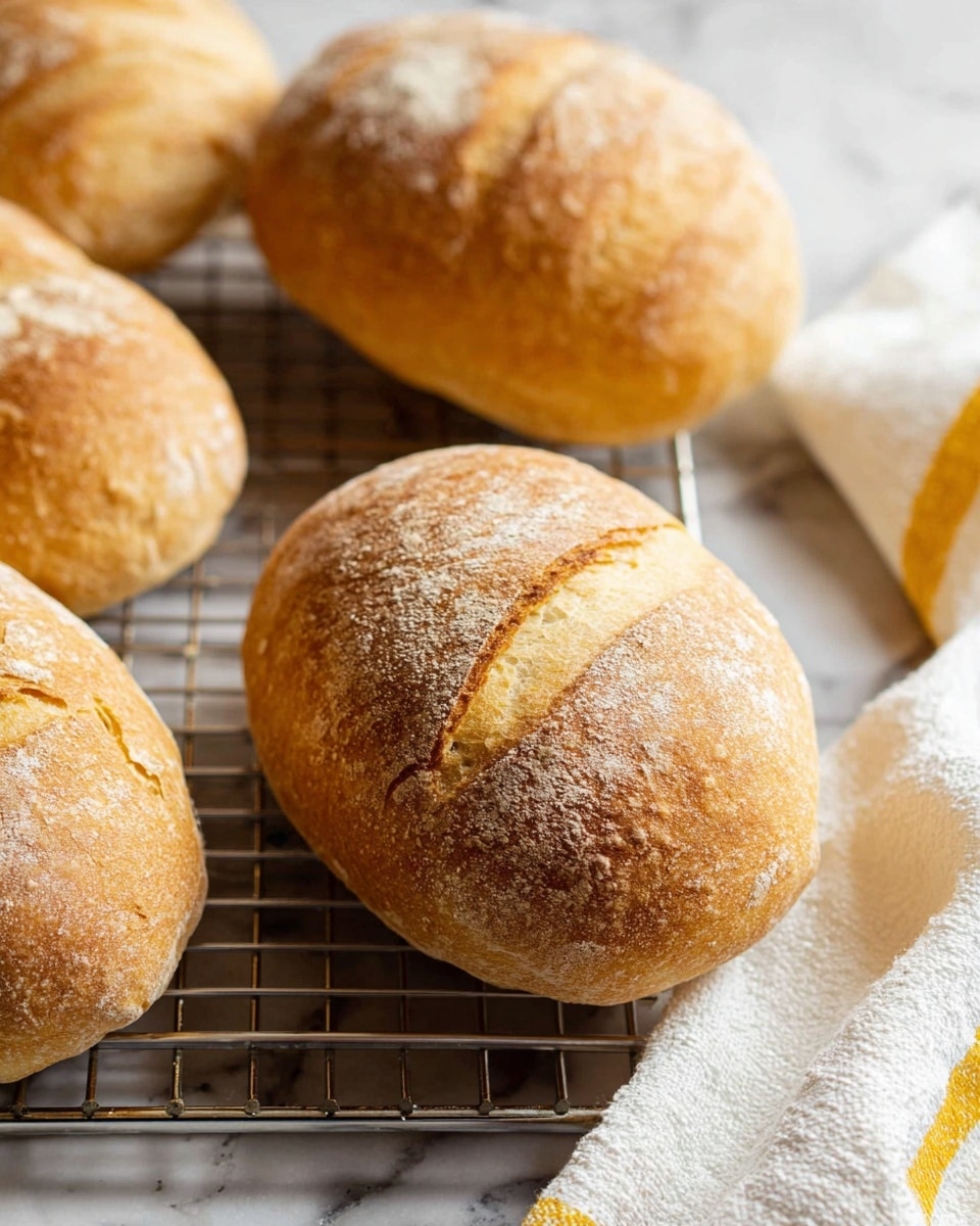 The image shows six small loaves of bread with a golden brown crust placed on a black cooling rack over a white marbled floor. Each loaf has two deep, parallel lines running across the middle, creating three puffy sections on the top. The crust looks slightly rough with a mix of lighter and darker golden brown tones, giving it a fresh, baked texture. A yellow and white striped cloth lies beside the rack on the right side of the frame. Photo taken with an iphone --ar 4:5 --v 7