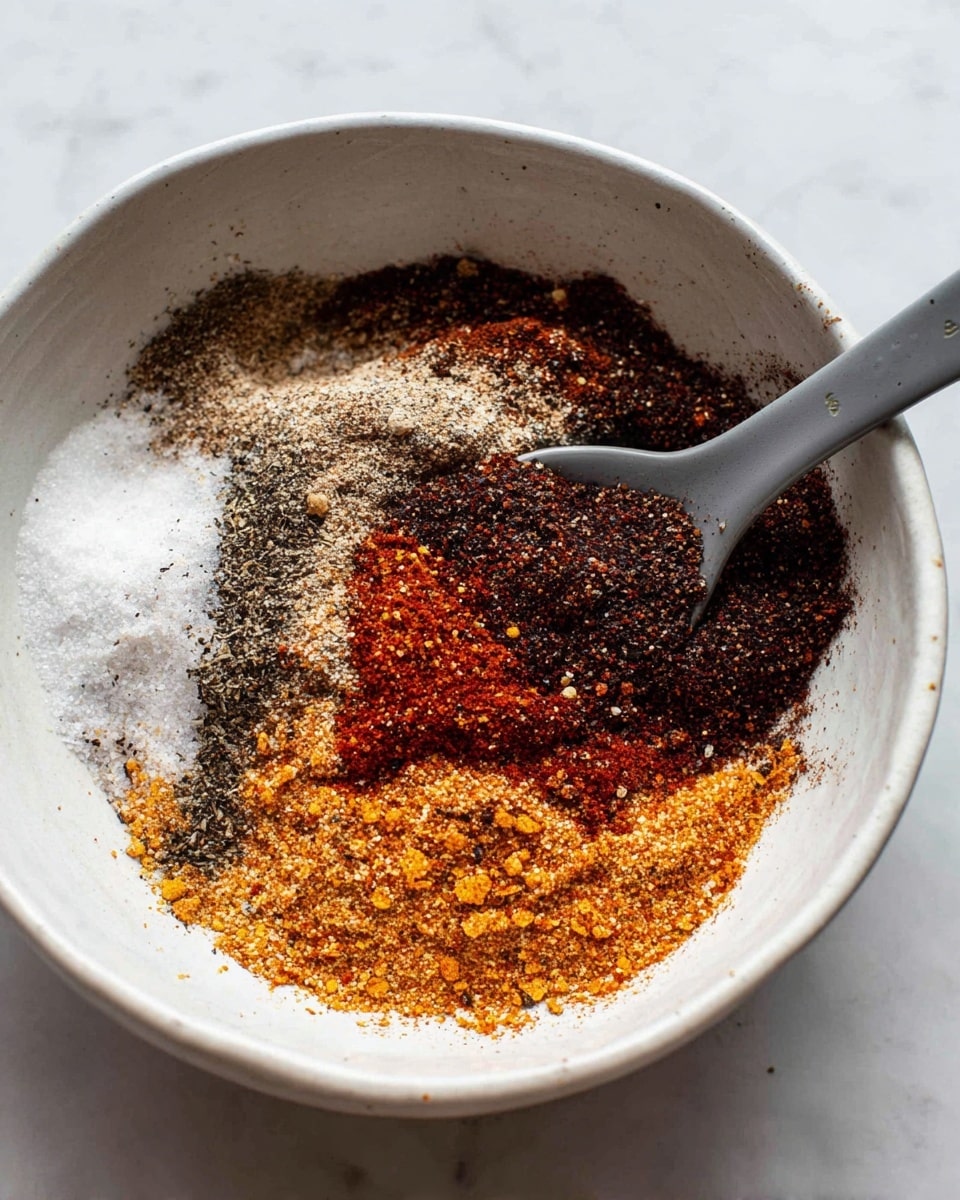 In a white bowl on a white marbled surface, there are several layers of spices that create a colorful pattern. The bottom layer is made up of coarse orange flakes. Above and around it are dark brown and black powdered spices, with some deep red specks mixed in. A layer of coarse white salt is scattered unevenly on top, creating a rough texture. A gray spoon is partially inserted into the pile, blending slightly with the colors of the spices. The scene looks ready for mixing photo taken with an iphone --ar 4:5 --v 7