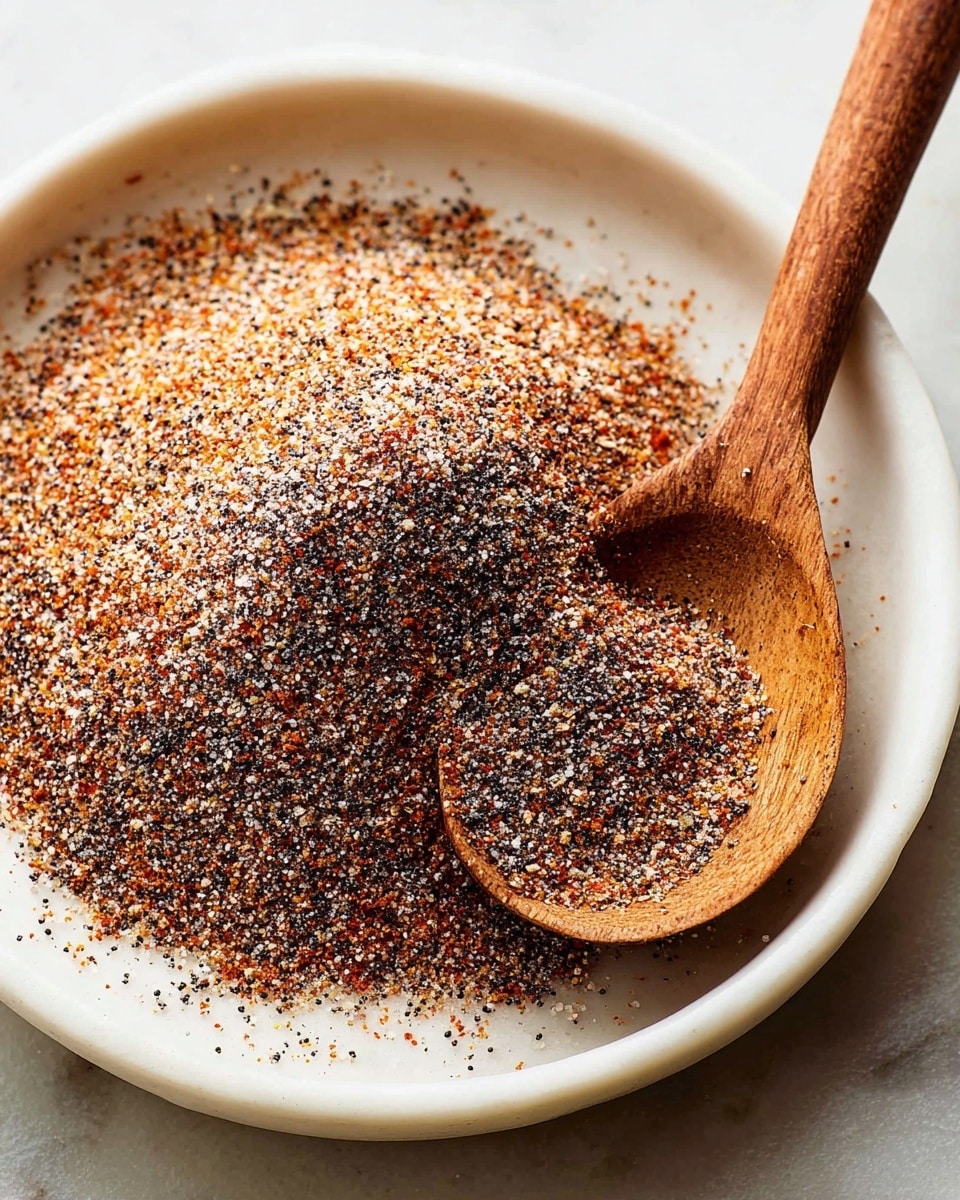 A close-up of a white bowl with a pile of mixed seasoning inside, showing different fine colors like black, white, and reddish-orange granules spread out unevenly, with a wooden spoon nestled on the right holding some of the same seasoning, the texture looking slightly grainy and coarse, all placed on a white marbled surface in warm natural light, photo taken with an iphone --ar 4:5 --v 7
