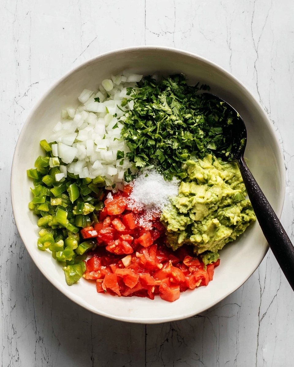 A close-up view of a white bowl filled with chunky mashed avocado, showing a mix of light and dark green colors with a soft, creamy texture and some firm avocado pieces. A black fork is partially stabbing the green mixture on the right side of the bowl, and a woman's hand is holding the fork. In the background, there is a small dish with coarse salt and a brown bowl filled with fresh green herbs, all placed on a white marbled surface. photo taken with an iphone --ar 4:5 --v 7