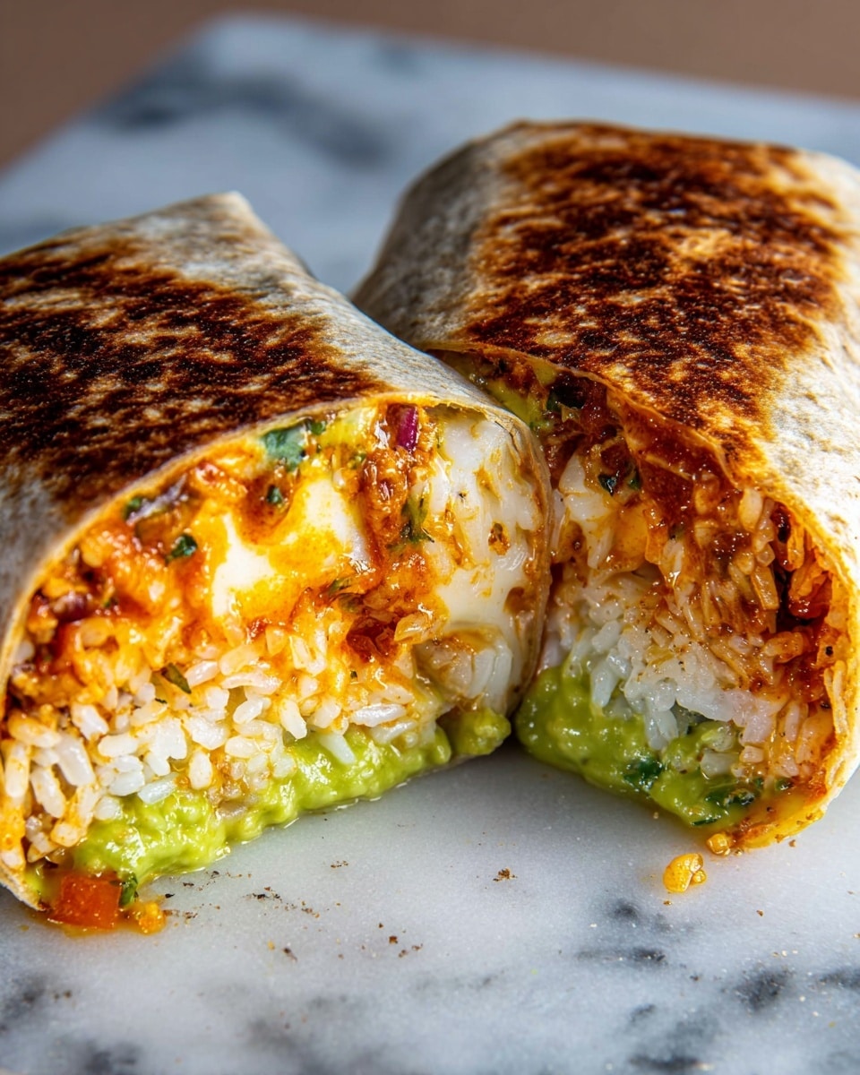 The image shows a cut burrito on a white marbled surface, revealing its inside layers. The burrito's outer shell is a toasted tortilla with a browned, slightly rough texture. Inside, the first layer is melted white cheese stretching across the top and sides, followed by a bright orange sauce with visible small green herbs. Below the sauce, there are long white grains of rice mixed with bits of green and red vegetables. At the base, there is a layer of bright green guacamole slightly peeking out. The burrito is cut in half, and both halves are placed next to each other in a close-up view. Photo taken with an iphone --ar 4:5 --v 7