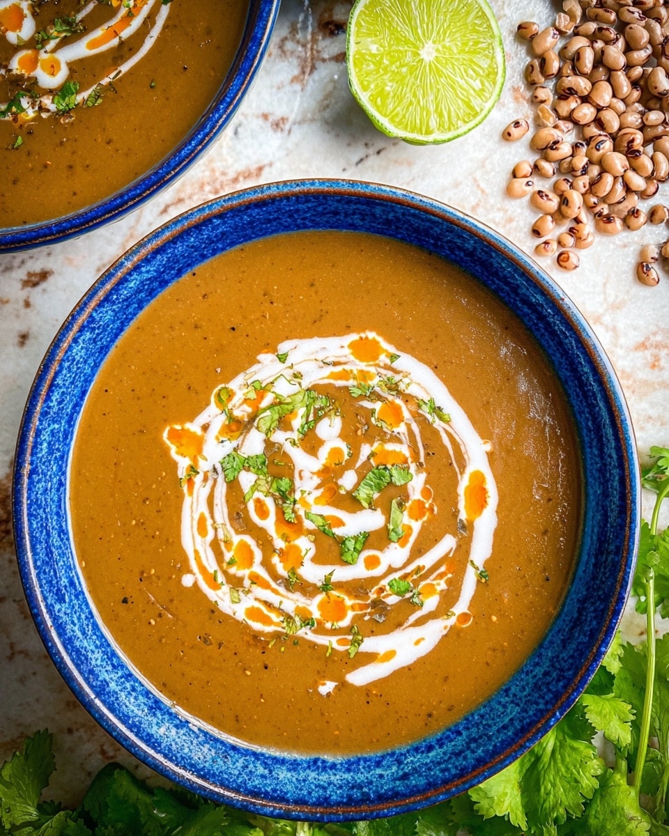 A bowl of thick, brown soup with a smooth texture fills a white bowl with blue stripes on the rim. On top of the soup, there is a swirl of white cream with spots of red sauce and small green herbs sprinkled in the center. Next to the bowl are two half-cut green limes resting on a white marbled surface. The soup looks warm and comforting, and the bowl is centered in the image. photo taken with an iphone --ar 4:5 --v 7