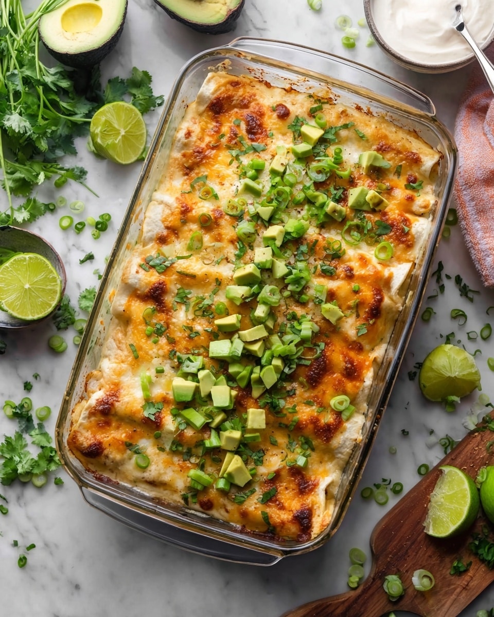A clear glass rectangular baking dish filled with a layered enchilada casserole, showing a browned melted cheese top sprinkled generously with bright green chopped avocado cubes, thinly sliced green onions, and fresh cilantro leaves. The enchiladas underneath are covered in a creamy, pale sauce with crispy spots of golden melted cheese peeking through. The dish is placed on a white marbled surface with scattered green onions, halved avocados, lime halves, a wooden board with cilantro, and a small white bowl of sour cream nearby, adding a fresh and vibrant context to the meal. The scene suggests a warm, inviting, cheesy casserole ready to serve. photo taken with an iphone --ar 4:5 --v 7