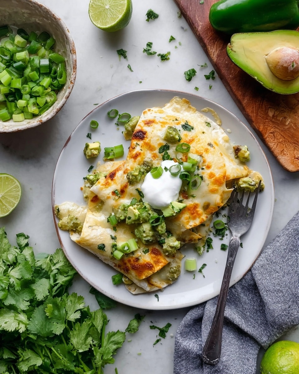 A clear glass rectangular baking dish filled with three rolled enchiladas covered in melted golden and light beige cheese, topped with small green avocado chunks and finely chopped fresh cilantro. The enchiladas sit on a white marbled surface surrounded by lime halves, fresh cilantro, a small bowl of chopped green onions, a bowl of sour cream, and a white bowl with a green herb sauce, along with a striped kitchen towel. A woman's hand holds a black spatula lifting one enchilada, showing a bit of the soft tortillas and filling inside. Photo taken with an iphone --ar 4:5 --v 7