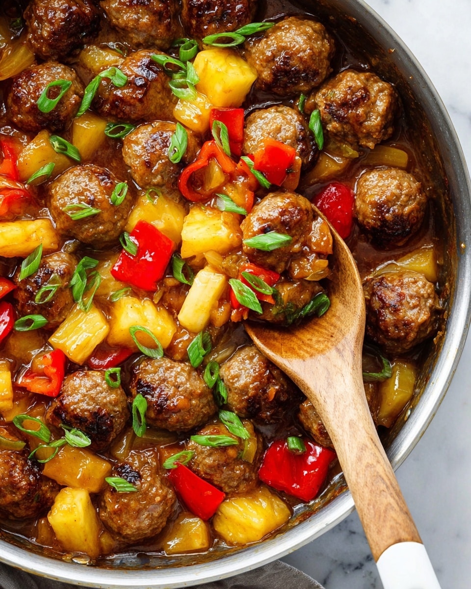 The image shows a pan filled with many browned meatballs layered with chunks of bright yellow pineapple and red bell peppers. The sauce is thick and brown, coating the ingredients evenly. Green slices of scallions are sprinkled on top, adding a fresh pop of color. A wooden spoon with a white handle rests inside the pan, lifting three meatballs along with some pineapple and red pepper pieces. The pan sits on a white marbled surface. photo taken with an iphone --ar 4:5 --v 7