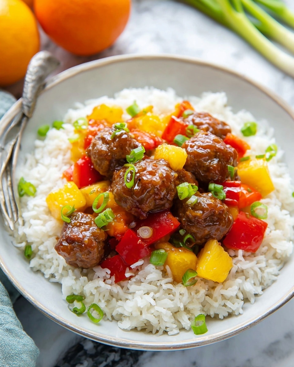 A shiny metal pan filled with dark brown meatballs sitting in a glossy brown sauce. Around the meatballs, there are small pieces of red and yellow bell peppers and chunks of light yellow pineapple, all mixed in the sauce. Green onion slices are sprinkled on top for color. The pan rests on a white marbled surface with a wooden spoon inside. In the background, there are fresh green onions on a wooden board, a whole yellow bell pepper, a small white bowl with green onion pieces, and a white bowl with plain cooked white rice. photo taken with an iphone --ar 4:5 --v 7