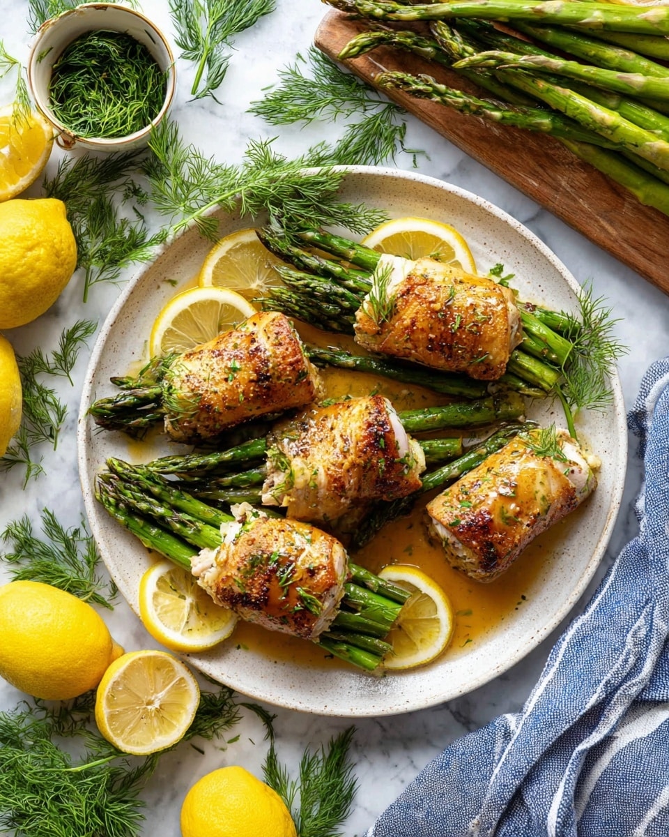 On a round white plate, there are four golden-brown chicken rolls, each wrapped around bright green asparagus spears, arranged close together. The chicken looks seasoned with herbs and small bits of garlic, with a shiny light brown sauce drizzled over and pooling on the plate. On top of and around the chicken rolls are thin lemon slices adding touches of yellow. The plate is set on a white marbled surface scattered with fresh dill sprigs, whole and halved bright yellow lemons, a small cup filled with green herbs, and a wooden board holding more asparagus and half a lemon. A blue and white striped cloth lies to the right. photo taken with an iphone --ar 4:5 --v 7