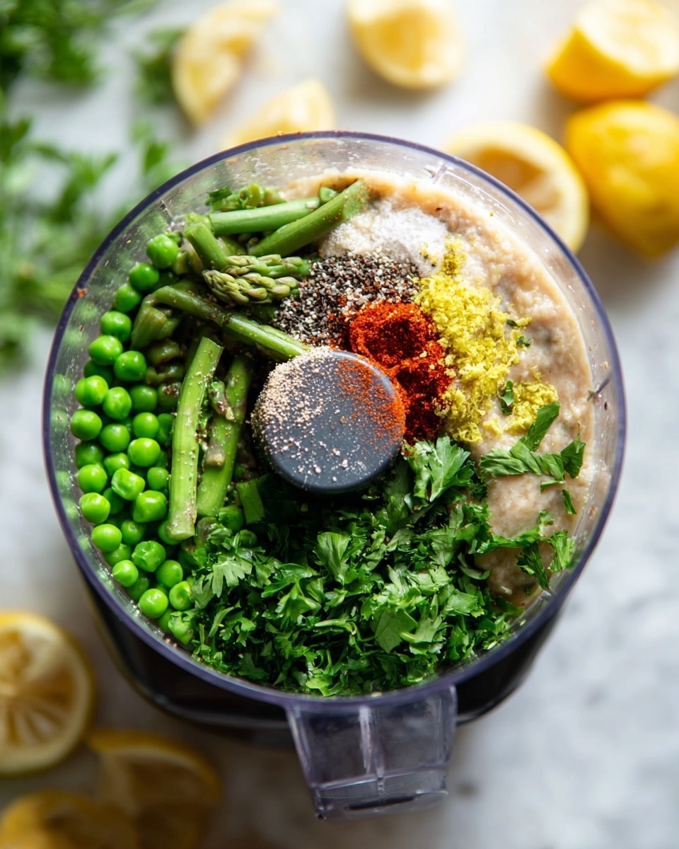 The image shows a clear food processor bowl filled with layers of fresh ingredients on a white marbled surface. The bottom layer appears to be a beige, creamy substance. On top of this, there is a bright green layer made up of green peas and asparagus spears scattered on one side, while fresh parsley leaves cover another side. Some yellow lemon zest, red spice powder, coarse white salt, and black pepper are sprinkled on top, adding contrast. In the background, there are blurred lemon halves. The photo taken with an iphone --ar 4:5 --v 7