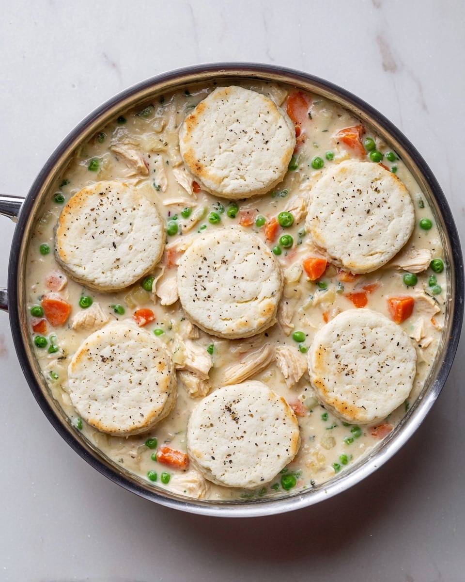 A round metal pan filled with a creamy white sauce mixed with small pieces of orange carrots, green peas, and chopped light beige chicken, sprinkled with black pepper. On top, there are eight round white biscuit dough pieces evenly placed in two rows of three and two rows of one, covering the sauce. The pan is set on a white marbled surface. photo taken with an iphone --ar 4:5 --v 7