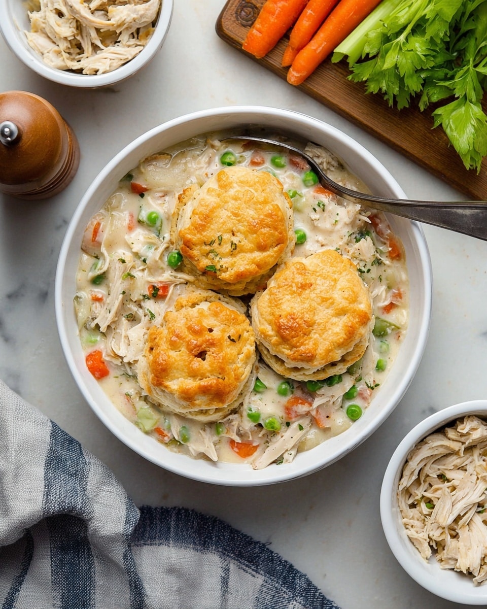 A round metal pan holds a creamy chicken and vegetable stew with eight golden-brown biscuits on top, each biscuit showing a light, fluffy texture with slightly crispy edges. The stew beneath is thick and white with visible pieces of shredded chicken, small orange carrot cubes, and green celery bits. A wooden spoon with a white handle is scooping up some of the stew, showing the creamy sauce and colorful vegetables. Around the pan, fresh whole carrots with green celery stalks rest on a wooden board, with a white bowl containing shredded chicken and a wooden pepper grinder nearby. A white bowl with one biscuit sits at the bottom right corner, all placed on a white marbled surface. Photo taken with an iphone --ar 4:5 --v 7