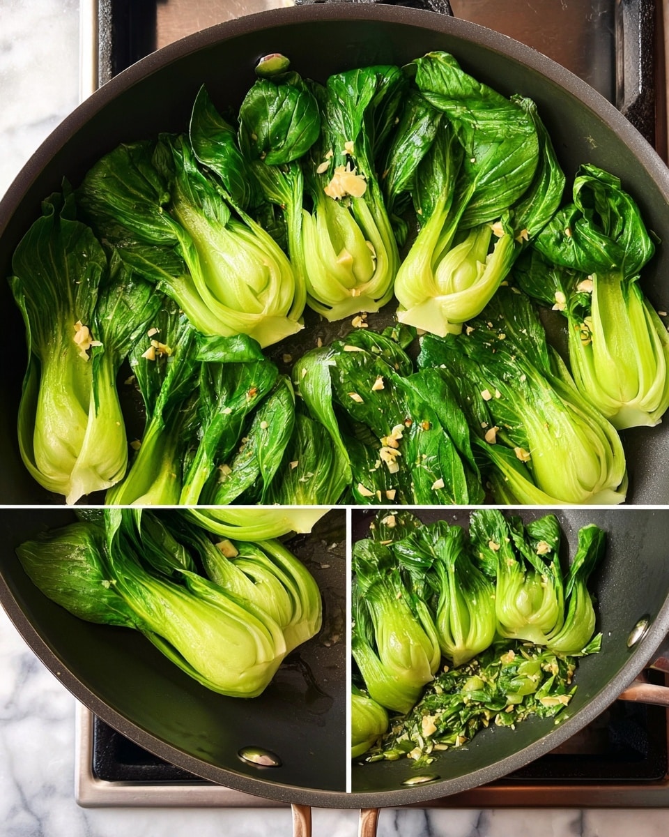 A large dark pan filled with bright green baby bok choy, each piece placed with the pale inner side down, showing layers of smooth, light green stems topped with leafy darker green ends; in the next image, the vibrant bok choy is sautéed and mixed with small bits of chopped garlic scattered over the top, creating a fresh, slightly shiny texture on the leaves. The pan sits on a stove, and the background is a white marbled texture. photo taken with an iphone --ar 4:5 --v 7