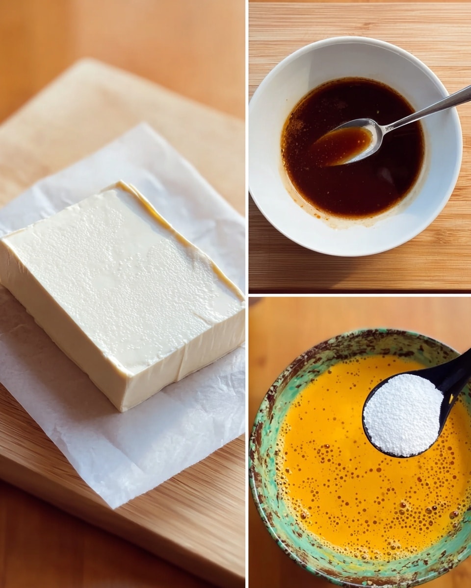 The image shows three close-up shots side by side. The first shot is a block of plain white tofu with a smooth, slightly wet texture and sharp edges, placed on a light wooden surface. The second shot features a white bowl filled with a dark brown liquid sauce that has some texture on top, with a silver spoon resting inside the bowl. The third shot is a colorful speckled bowl containing a yellow-orange beaten egg mixture with bubbles on the surface, and a woman's hand holding a black spoon with a scoop of white powder above the bowl. All shots are evenly lit with warm natural light that highlights the textures well photo taken with an iphone --ar 4:5 --v 7