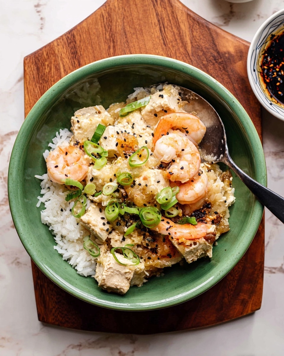 A green bowl filled with a base layer of white rice, topped with a mixture of creamy tofu pieces and pink shrimp. The tofu is light beige and soft textured, while the shrimp have a smooth bright orange-pink shell. Slices of green onion are scattered on top with black sesame seeds sprinkled around, adding texture and color contrast. A silver spoon with a black handle rests inside the bowl, slightly lifting some tofu and shrimp. The bowl is placed on a white marbled surface with a wooden board and a small white bowl with a dark sauce in the background. Photo taken with an iphone --ar 4:5 --v 7