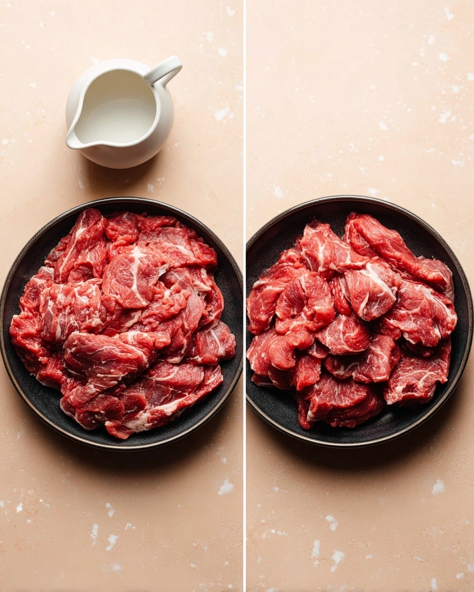 Two side-by-side photos show thin slices of raw red meat, placed loosely in a round black bowl. The meat has white fatty parts mixed within the deep red pieces, creating a marbled look. The bowl sits on a light peach background with soft white spots. Next to the bowl on the left side, there is a small white ceramic pitcher filled with water. The meat appears fresh and wet, sitting in uneven layers that fill the bowl. Photo taken with an iphone --ar 4:5 --v 7