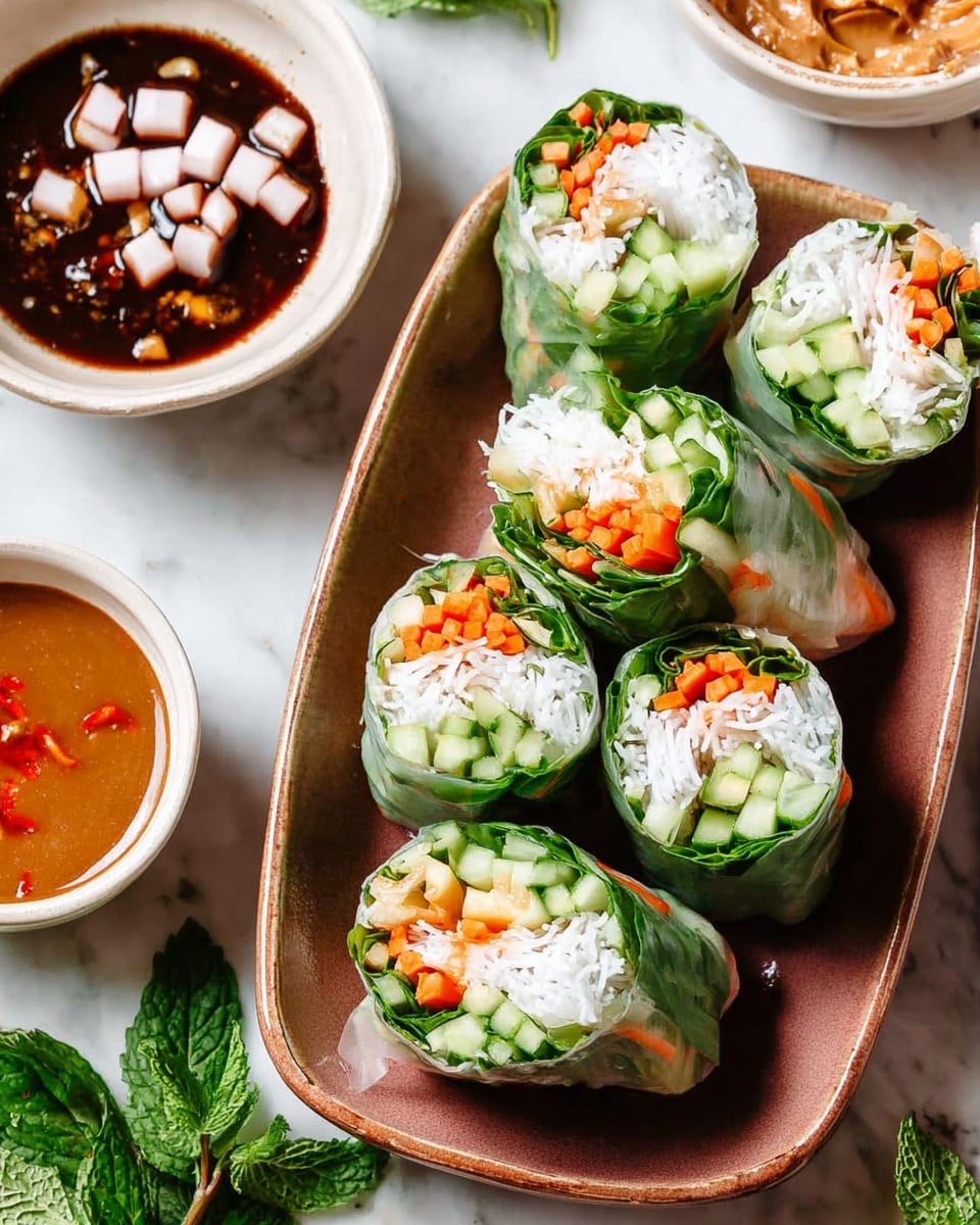 The image shows several fresh spring rolls arranged on a white marbled surface and a large oval plate with a brown pattern. Each roll has three main layers: the first layer is translucent rice paper wrapping that shows the inside, the second layer features shrimp with a pink and white curved pattern visible near the surface, and the third layer inside consists of white rice noodles, bright orange shredded carrots, green lettuce, and cucumber, all packed tightly. In the background, there are two white bowls, one with a dark reddish-brown dipping sauce topped with small red and white bits, and another bowl with a creamy brown peanut sauce garnished with crushed peanuts. Photo taken with an iphone --ar 4:5 --v 7