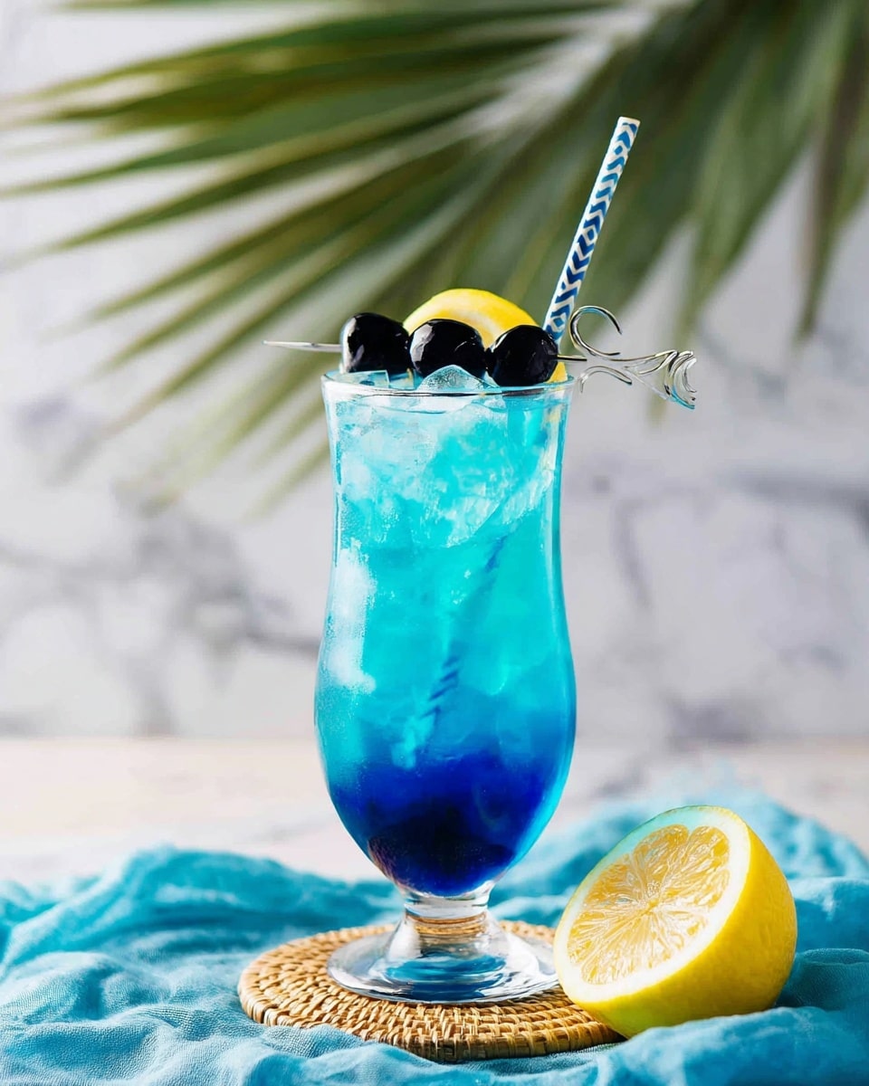 A tall glass filled with a bright blue drink layered with ice cubes that give a mix of light and dark blue shades. On top of the glass, there is a silver pick holding three shiny black cherries and a slice of lemon adding yellow and black colors at the rim. A blue and white striped straw stands up on the right side of the glass. The glass is placed on a light brown woven coaster, resting on a crumpled blue cloth. In the foreground, there is a half lemon with a fresh yellow color. The background shows large green palm leaves against a white marbled surface. Photo taken with an iphone --ar 4:5 --v 7