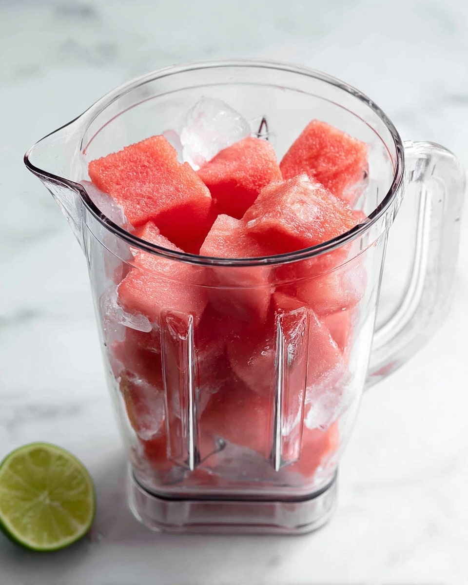 A clear blender pitcher filled with large red watermelon cubes and white ice cubes on top. The watermelon pieces show a juicy texture with a few light pink shades. The blender sits on a white marbled surface. In the lower left corner, there is a half lime with a bright green outer rind and light green inside. The background is a simple clean white marbled texture. Photo taken with an iphone --ar 4:5 --v 7