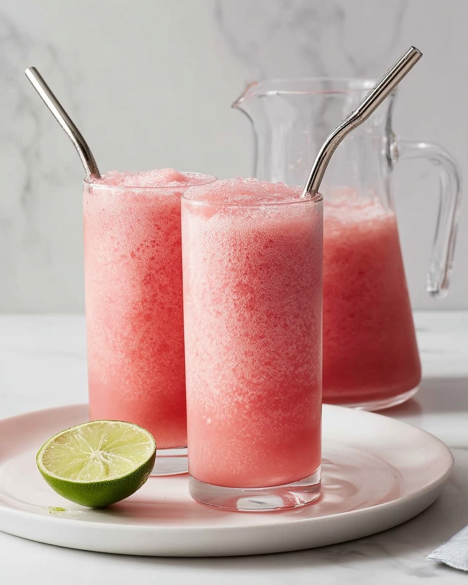 The image shows two tall clear glasses filled with a frothy pink drink that has a textured, bubbly top layer, each glass holding a silver metal straw. Behind the glasses is a clear glass pitcher filled halfway with the same pink drink, showing a smooth texture near the bottom that becomes frothy on top. The glasses and pitcher are placed on a large white plate, which rests on a white marbled surface. Near the front left edge of the plate, there is a bright green lime half. The overall look is fresh and bright, with natural lighting highlighting the drink’s texture and colors. photo taken with an iphone --ar 4:5 --v 7