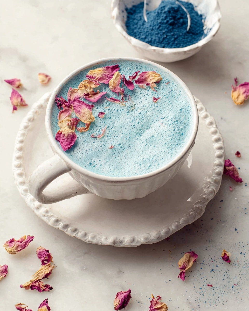 A white cup filled with light blue frothy liquid topped with scattered dried pink and orange flower petals, sitting on a white saucer that has raised round dots around the edge, all placed on a white marbled surface with a few dried petals spread around. photo taken with an iphone --ar 4:5 --v 7