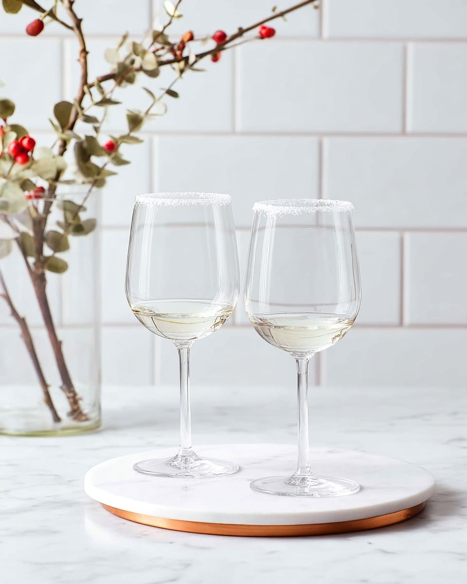 Two clear wine glasses with rims coated in salt are placed side by side on a round white marbled tray with a thin brown base. The tray sits on a white marbled surface. Behind the glasses, there is a clear glass vase containing thin branches with small green leaves and red berries. The background is a white tiled wall with light gray grout lines. The scene is bright with soft, natural lighting. photo taken with an iphone --ar 4:5 --v 7