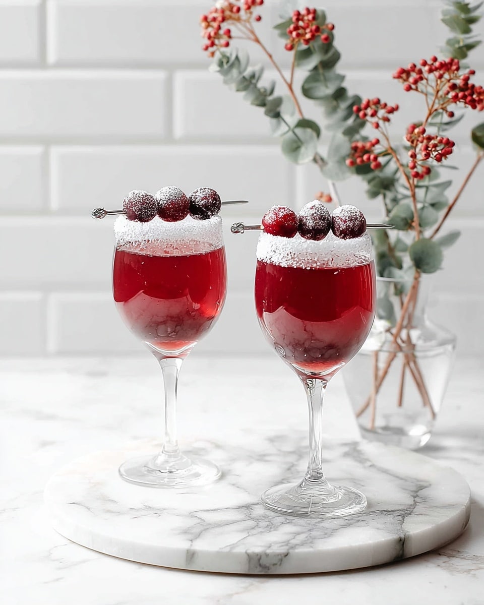 Two clear tall wine glasses are filled with a red drink. Each glass has three red berries covered lightly with white powder, placed on a metal skewer resting horizontally on the glass rim. The rims of the glasses are coated with white sugar. The glasses are set on a round white marble board with faint grey lines. The background is a white marbled surface with white tiled walls and a clear glass vase holding thin branches with green leaves and clusters of small red berries. Photo taken with an iphone --ar 4:5 --v 7