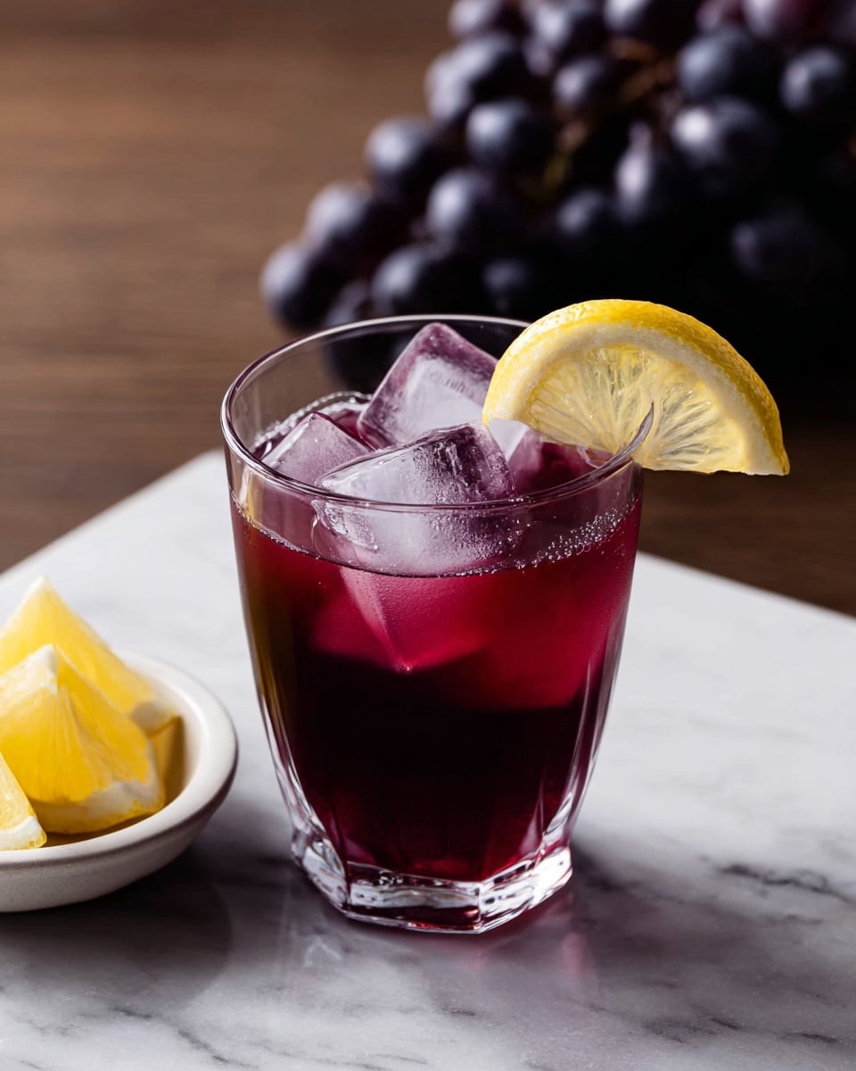 A clear glass filled with a deep red-purple liquid, containing three large clear ice cubes floating on top. Inside the drink near the ice cubes, there is a wedge of lemon showing its bright yellow peel and juicy pale interior. The glass sits on a white marbled surface, and in the background, there is a bunch of dark purple grapes that are slightly out of focus. In the foreground, a small white bowl holds two lemon wedges with their yellow peel facing up. photo taken with an iphone --ar 4:5 --v 7