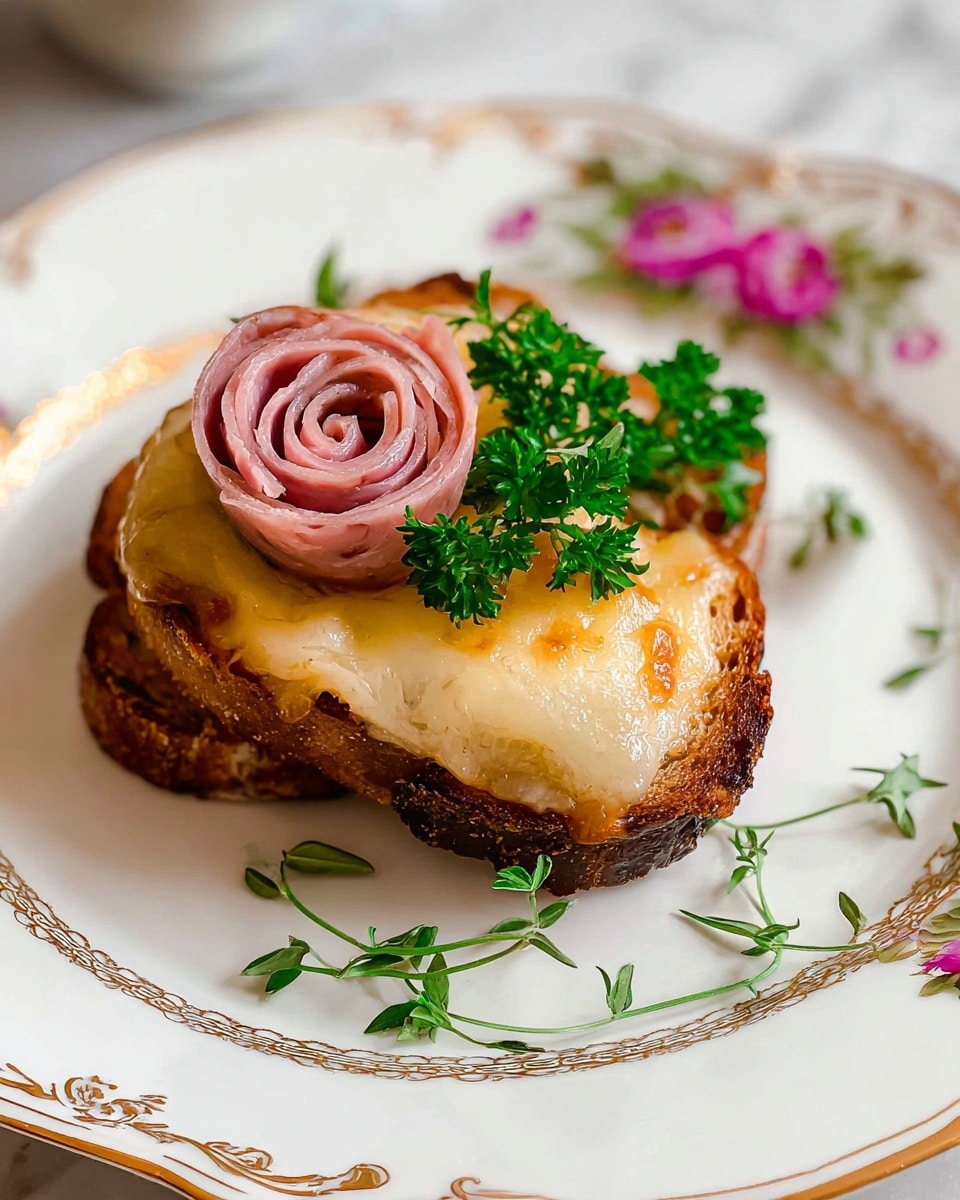 A close-up image of a two-layered open-faced sandwich on a white plate with gold and floral decorations, the bottom layer is thick, dark toasted bread, the top layer is melted light yellow cheese with a slightly browned surface. On top of the cheese, there is a small rolled piece of thinly sliced pink deli meat shaped like a rose, positioned next to some fresh green parsley leaves and tiny herb sprigs scattered nearby. The plate is set on a white marbled surface, and light steam rises delicately from the sandwich. photo taken with an iphone --ar 4:5 --v 7