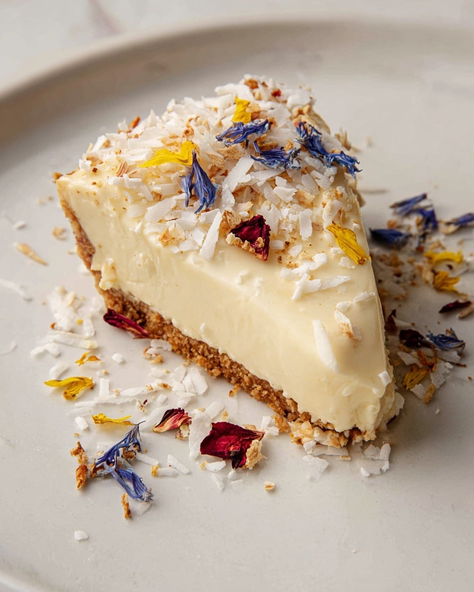 A pie with three layers is shown from above on a dark wooden surface changed to a white marbled texture. The bottom crust is golden brown and crumbly, thickly covering the edge. The middle layer is smooth and creamy, bright off-white in color with slight swirls. The top is decorated with a ring of shredded white coconut and small pieces of dried flower petals in red, blue, yellow, and orange, scattered along the edge of the pie and on the surface beside it. Photo taken with an iphone --ar 4:5 --v 7