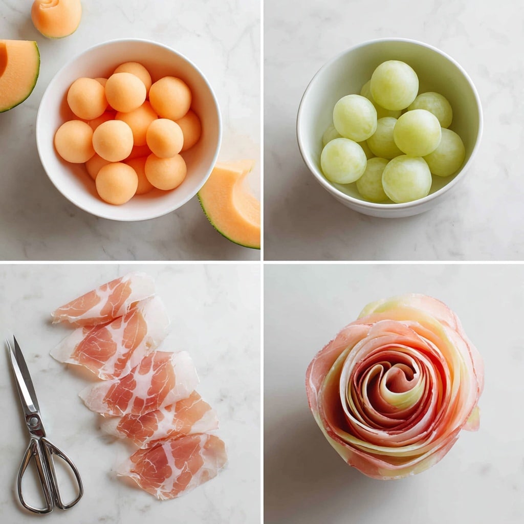 The image is divided into four smaller pictures showing steps to make a melon and prosciutto rose. The first shows a white bowl filled with round orange cantaloupe balls, placed on a white marbled surface with a small melon baller nearby and melon halves in the background. The second shows a similar white bowl filled with round pale green honeydew balls, with the same melon baller resting beside it on the white marbled surface. The third shows two thin, long strips of prosciutto on the white marbled surface next to an open pair of scissors. The fourth is a close-up of a woman's hand holding a small rolled rose made by tightly spiraling the prosciutto in layered folds, highlighting the pink and white textures of the meat. photo taken with an iphone --ar 4:5 --v 7