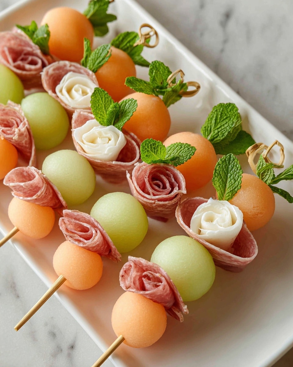 A long white rectangular plate holds several colorful skewers lined up closely. Each skewer has four layers from bottom to top: a round orange melon ball, a pale green melon ball, a white mozzarella ball, and a small pink rolled piece of cured meat shaped like a rose. Each mozzarella ball is topped with a small bright green mint leaf. The plate is placed on a dark wooden surface with a clear glass vase of bright yellow daffodils on the right side. Photo taken with an iphone --ar 4:5 --v 7