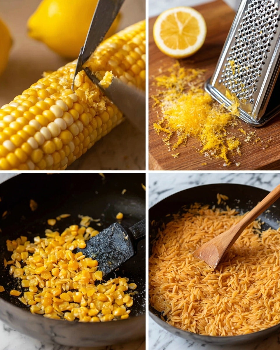 The image is split into four parts showing different cooking steps: top left shows a close-up of a knife cutting yellow corn kernels off a cob with the background blurred; top right shows a metal grater on a wooden board with grated yellow lemon zest next to a half-peeled lemon; bottom left shows golden cooked corn kernels in a black pan with a black spatula; bottom right shows a black pan filled with light orange cooked orzo pasta with a wooden spoon stirring it. The background has a white marbled texture. photo taken with an iphone --ar 4:5 --v 7