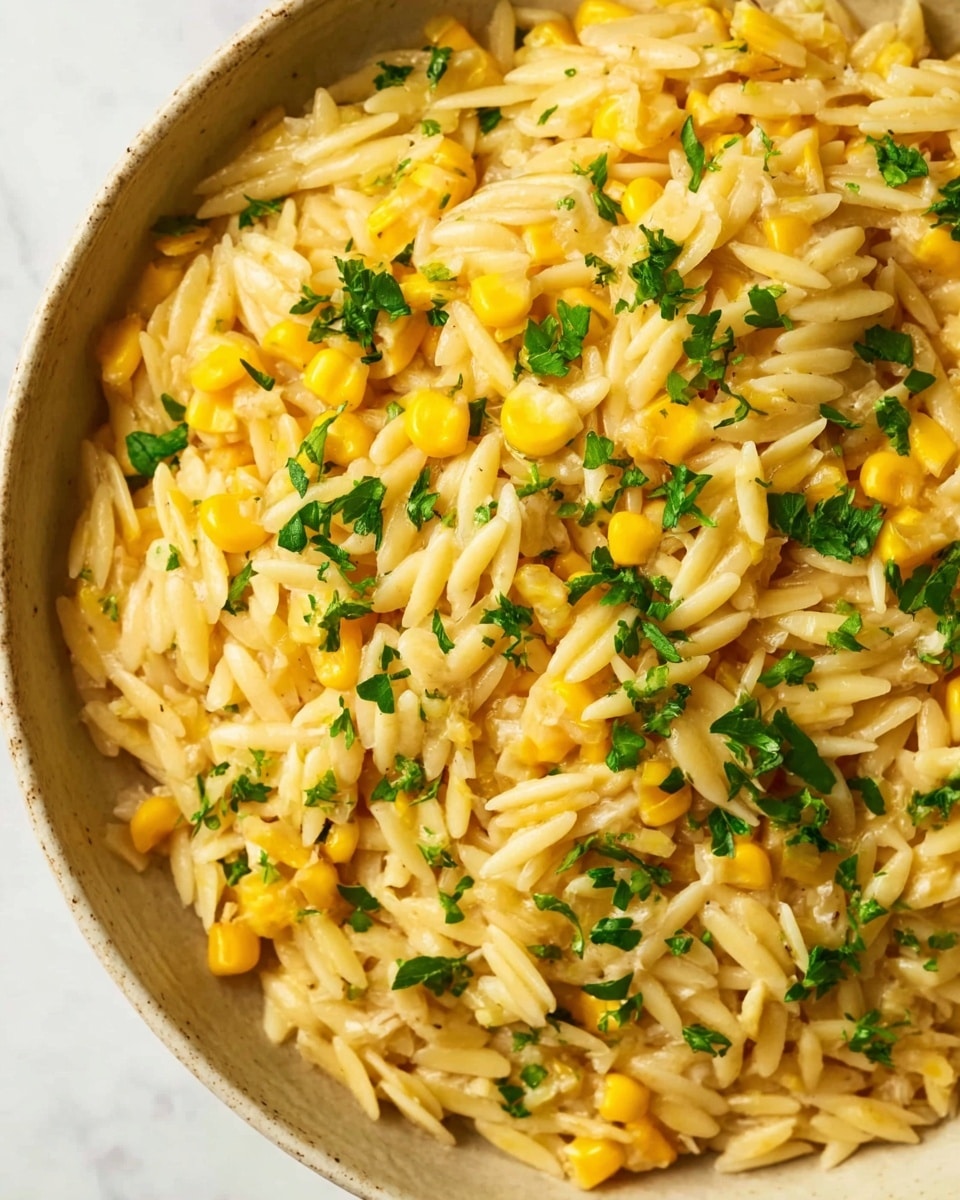 The image shows a close-up of cooked orzo pasta mixed with yellow corn kernels. The orzo is creamy and light yellow in color, with a smooth texture, while the corn adds small, round bright yellow pops throughout. Green chopped herbs, likely parsley, are sprinkled on top, adding contrast with small green leaves. The dish sits on a white marbled surface. photo taken with an iphone --ar 4:5 --v 7