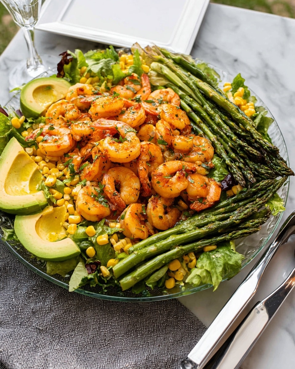 A clear glass plate holds a vibrant salad with four main layers. The bottom layer is a bed of green mixed lettuce leaves spread out evenly. On top of this lies a scattering of bright yellow corn kernels and green avocado slices arranged around the edge. Next, a neat row of grilled green asparagus spears sits along one side. The top layer is a generous pile of cooked shrimp, orange in color with hints of grill marks and sprinkled with small green herb pieces. The salad is lightly drizzled with a shiny dressing. The plate is placed on a white marbled surface with a woman’s hand holding silver tongs on the right side, and a white square plate with a grey cloth napkin is partially visible in the background. photo taken with an iphone --ar 4:5 --v 7