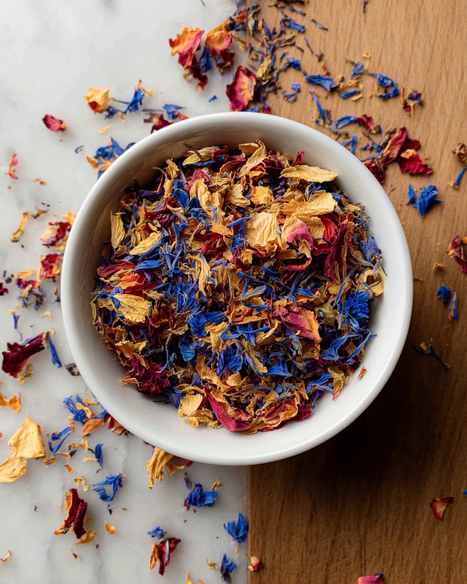 A white bowl filled with a mix of dried flower petals, showing layers of red, blue, yellow, and orange petals with uneven shapes and textures. Some petals are loose and scattered around the bowl on a white marbled surface. The bowl is centered in the image with a top-down view. photo taken with an iphone --ar 4:5 --v 7