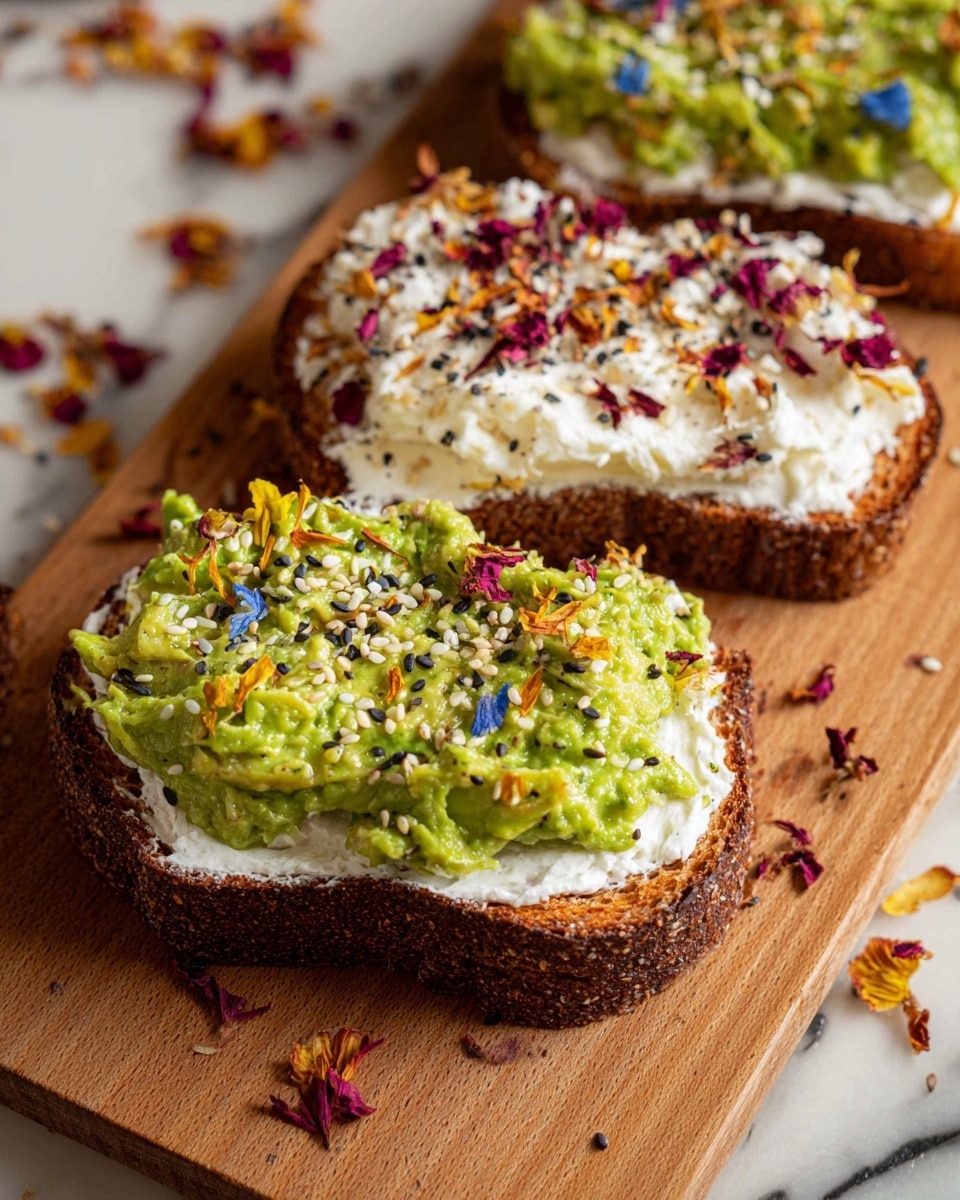 The image shows multiple pieces of dark toasted bread arranged on a wooden board placed on a white marbled surface. Each piece has two layers: a smooth white cream spread on the bottom covered with small colorful flower petals, and a chunky green avocado mash heaped on top sprinkled with small seeds. In the background, there are green flower stems in clear glass vases and bright yellow flowers. The lighting is natural, highlighting the textures of the avocado and cream. photo taken with an iphone --ar 4:5 --v 7