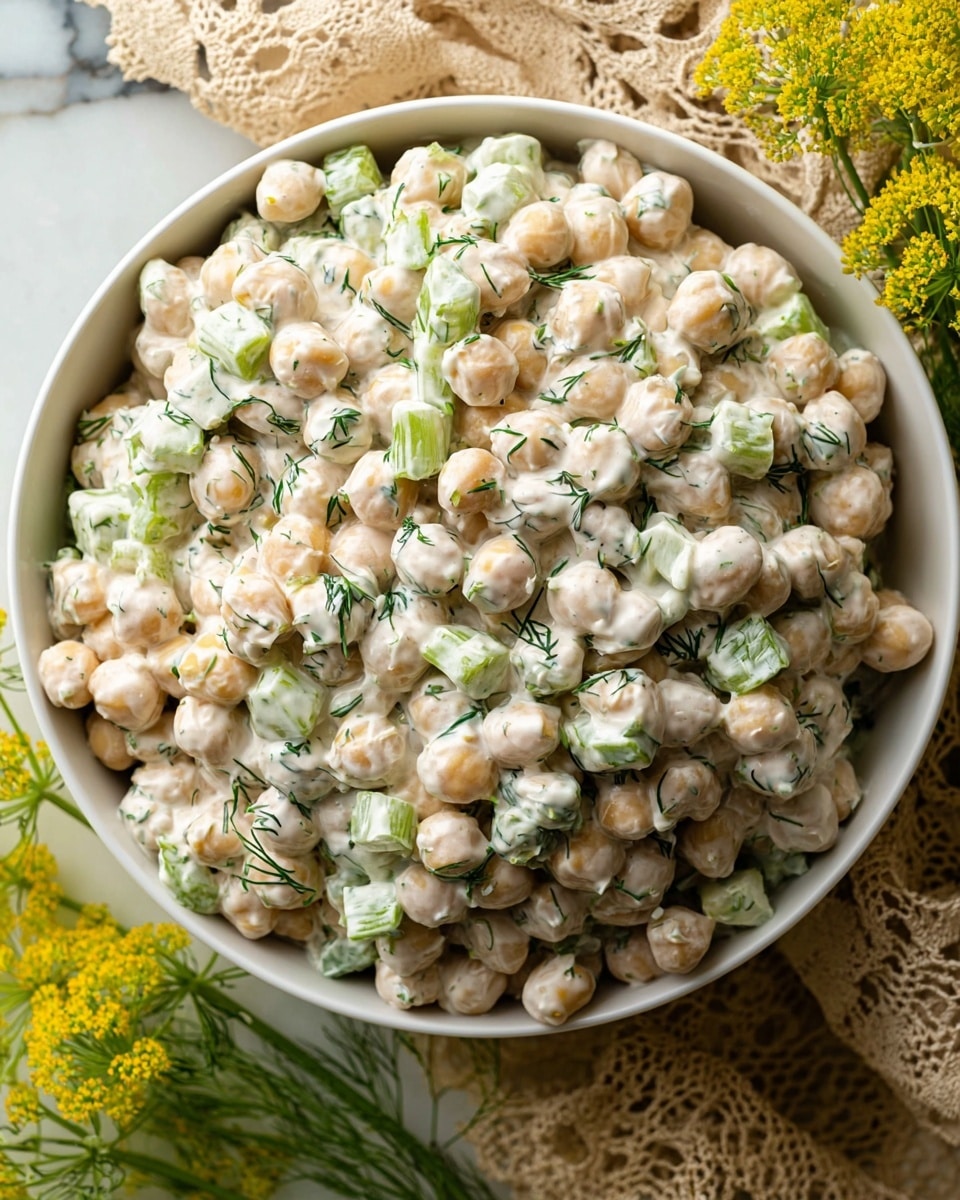 A close-up view of a white bowl filled with creamy chickpea salad, showing three main layers: small round light beige chickpeas coated in a thick pale cream sauce, pale green chopped celery pieces adding a crunchy texture, and small dark green dill herb bits scattered throughout for an herbaceous touch. The bowl is placed on a white marbled surface, with soft yellow flowers and a light brown lace fabric in the background. Photo taken with an iphone --ar 4:5 --v 7