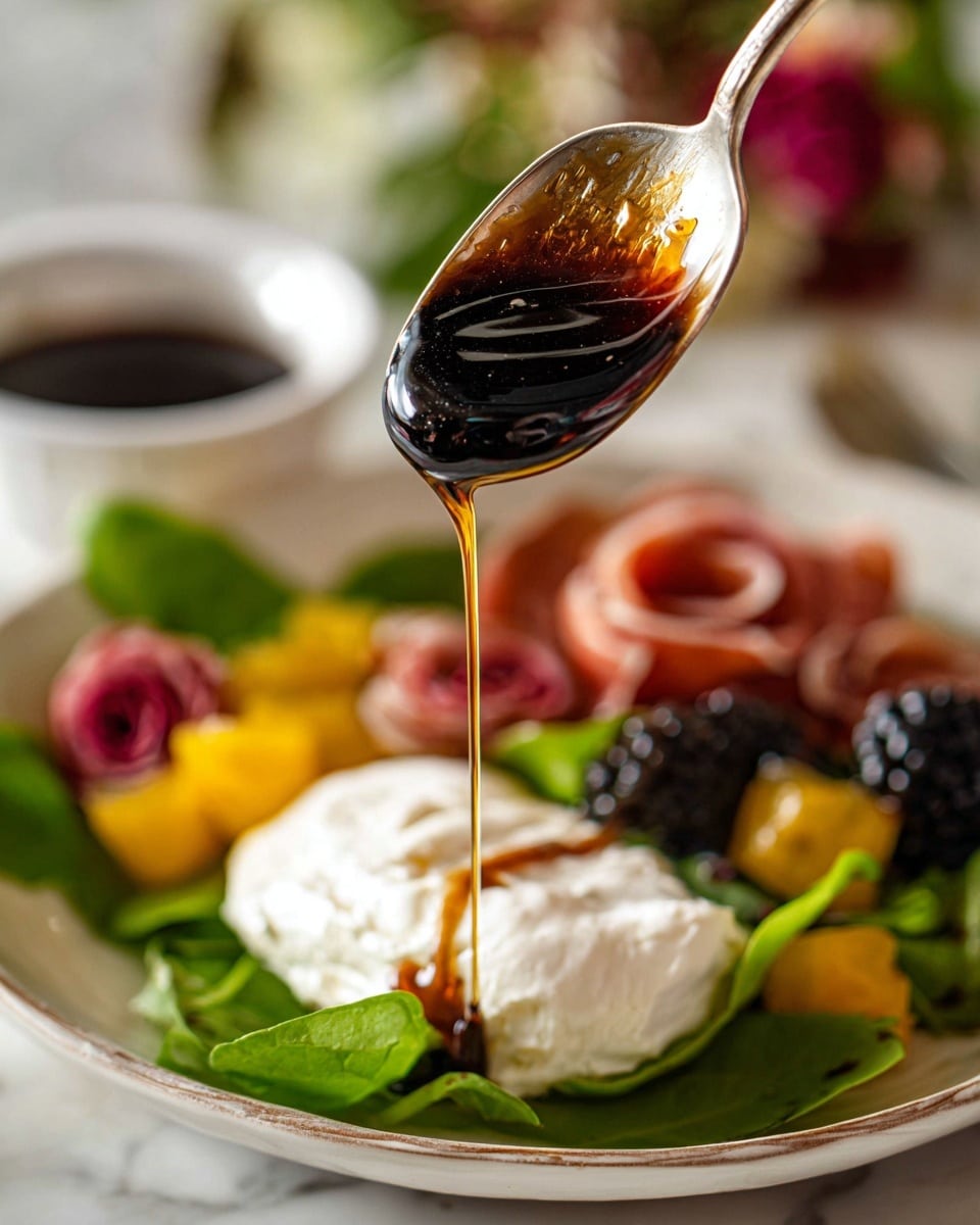 A shiny spoon held above shows thick dark syrup slowly dripping down. Below, a plate rests on a white marbled surface, layered with fresh green leaves as the base, topped by a soft white cheese dollop with a smooth, creamy texture. Around the cheese are colorful elements including small yellow pieces, dark blackberries with a bumpy texture, and red rose-shaped slices of cured meat. The syrup is being poured over the cheese, adding a glossy dark amber layer on top. In the blurred background, there is a small white bowl filled with more dark syrup. Photo taken with an iphone --ar 4:5 --v 7