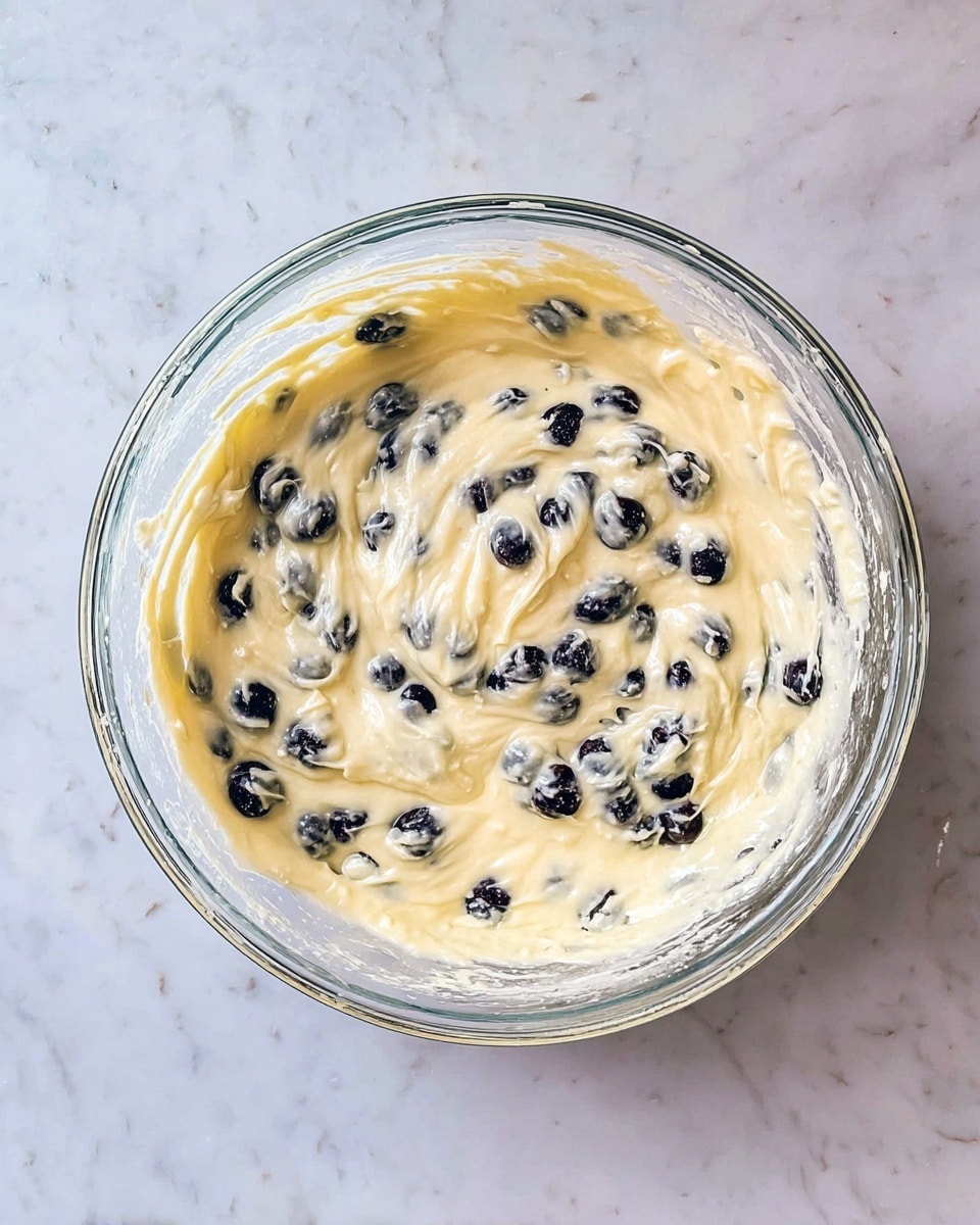 A clear glass bowl filled with thick, light yellow batter mixed with many small dark blueberries spread evenly throughout. The batter has a smooth and creamy texture with soft peaks, and the inside of the bowl has some streaks of batter clinging to its sides. The bowl is placed on a white marbled surface. photo taken with an iphone --ar 4:5 --v 7