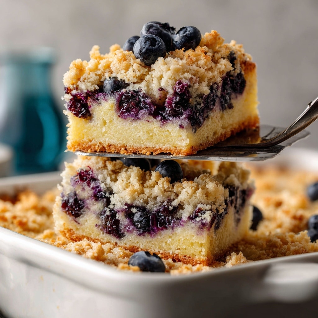 A square piece of blueberry cake with three visible layers is being lifted from a white baking dish by a metal spatula held by a woman's hand. The bottom and middle layers are light yellow cake filled with whole blueberries, showing a moist and soft texture with dark purple blueberry stains. The top layer is a golden crumbly topping with scattered whole blueberries, adding a crunchy texture. The white baking dish sits on a white marbled surface with a slightly blurred background that includes a blurred blue bottle. Photo taken with an iphone --ar 4:5 --v 7
