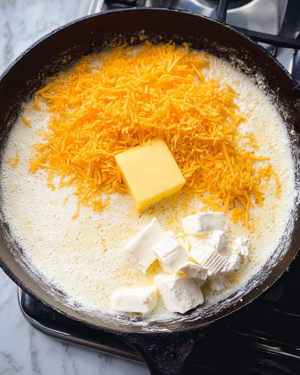 A close-up top view of a black cast iron pan on a stove, filled with a creamy white base level showing slightly grainy texture. On top of this base, there are three distinct layers: a yellow square of butter near the center, a pile of shredded orange cheddar cheese on the upper right side, and a few uneven white pieces of cream cheese in the lower left part of the pan. The background around the stove is a white marbled texture. photo taken with an iphone --ar 4:5 --v 7