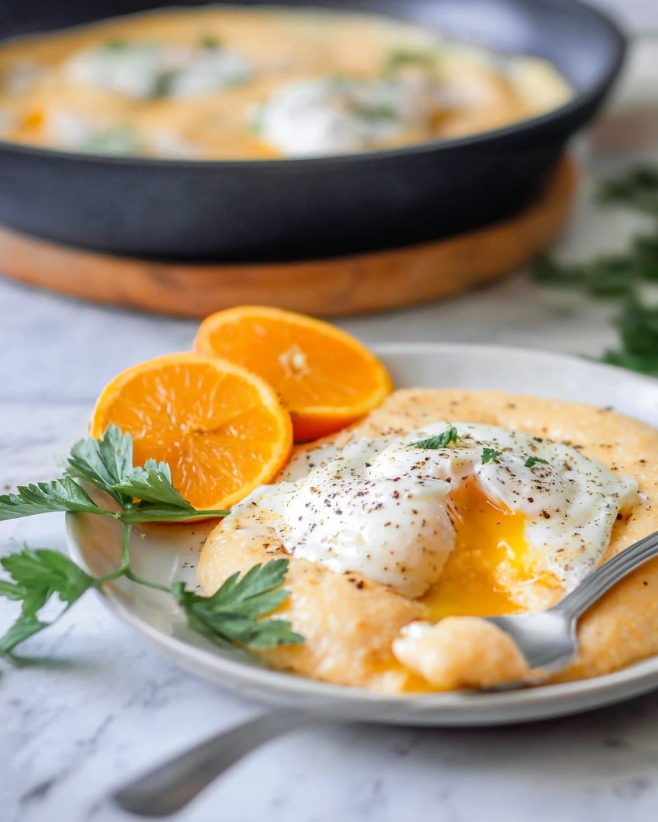 In a black skillet, there are two cooked eggs with white edges and soft yolks covered by a thin layer of cooked whites. Around the eggs is a golden melted cheese layer that looks creamy and slightly bubbly. The eggs and cheese are sprinkled with black pepper and green chopped herbs. The skillet is placed on a white marbled surface next to a checkered cloth and two shiny utensils. Photo taken with an iphone --ar 4:5 --v 7