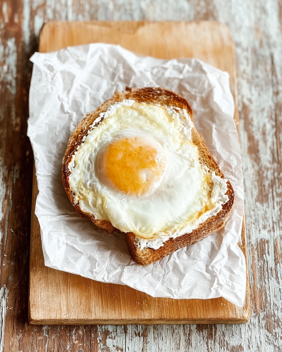 A slice of toasted bread with a rough, golden-brown crust forms the base layer, spread with a thick layer of creamy white butter. On top sits a sunny-side-up egg with a soft, pale yellow yolk in the center surrounded by slightly crispy white edges. The slice rests on crinkled white paper, which is placed on a wooden board with a natural light brown color. The background shows a rustic wooden surface with a worn, textured look. photo taken with an iphone --ar 4:5 --v 7