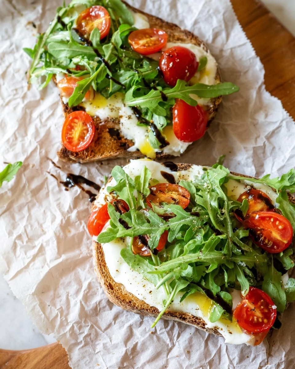 Two open sandwich slices rest on crumpled white parchment on a wooden board with a white marbled texture beneath. Each slice has four layers: the bottom is golden brown toasted bread with a rough texture; next is a smooth white spread evenly covering the bread; above that is a glistening white fried egg with a soft yolk in the center; topped with bright green leafy arugula scattered all over; and finished with halved shiny red cherry tomatoes placed randomly. A dark drizzle of balsamic glaze is scattered lightly over the top for contrast photo taken with an iphone --ar 4:5 --v 7