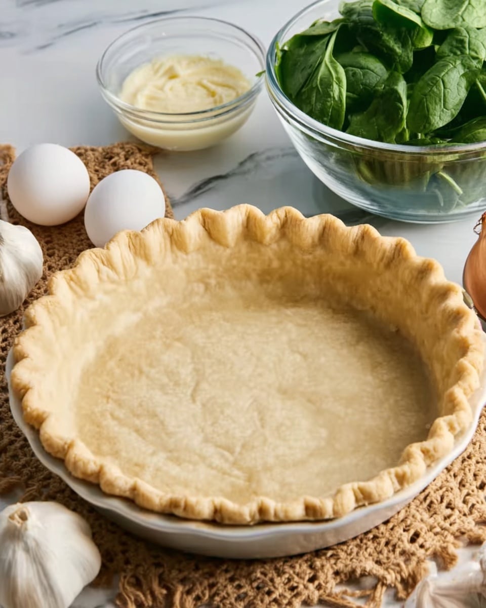 A slice of quiche sits on a white plate placed on a white marbled surface. The quiche has three visible layers: a golden-brown crust at the base, a thick creamy white filling mixed with green spinach leaves in the middle, and a melted golden cheese topping with scattered spinach pieces on top. Next to the quiche slice is a side of mixed green salad, adding a fresh dark green and purple contrast to the plate. In the background, blurred green leafy vegetables can be seen. photo taken with an iphone --ar 4:5 --v 7