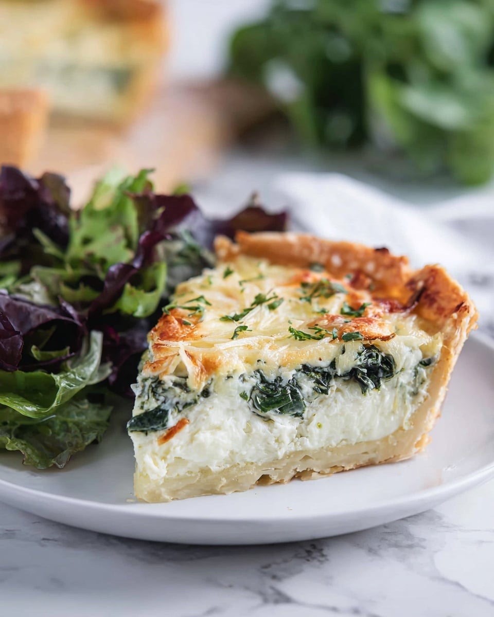 The image shows a white pie plate holding a creamy pie sliced into pieces, with visible layers of light beige crust, white cream filling mixed with bits of green spinach and small chunks of light brown mushrooms, topped with a melted golden cheese layer that has some browned spots. The pie rests on a woven mat placed on a white marbled surface, with a blue and white striped cloth, some garlic bulbs, and stacked white plates blurred in the background. photo taken with an iphone --ar 4:5 --v 7