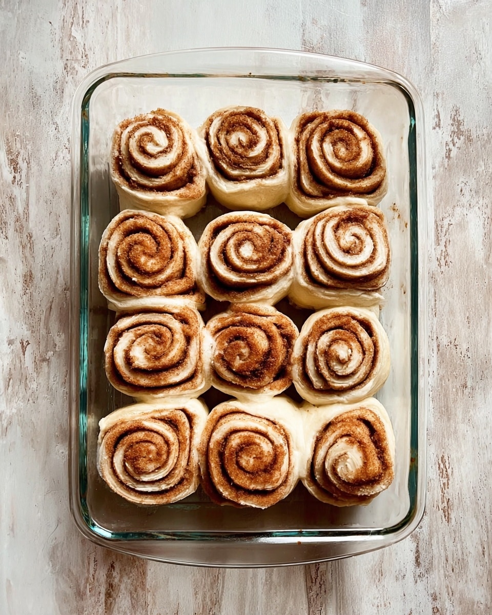 A clear glass rectangular baking dish holds eleven cinnamon rolls arranged in three uneven rows. Each roll has a light dough base with spiral layers of brown cinnamon sugar filling that look soft and slightly rough in texture. The rolls are placed close together with different sizes and shapes, showing their homemade look. The dish sits on a white marbled surface with soft natural light reflecting off the glass edges. photo taken with an iphone --ar 4:5 --v 7