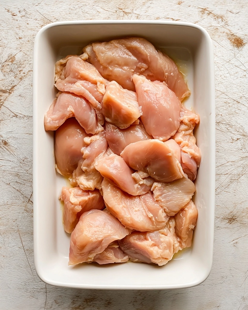 A white rectangular dish filled with a layer of raw chicken pieces that are light pink and shiny, showing different shapes and textures, some smooth and some slightly wrinkled. The chicken pieces cover the entire dish, overlapping each other in a haphazard way. The dish is placed on a white marbled surface. photo taken with an iphone --ar 4:5 --v 7
